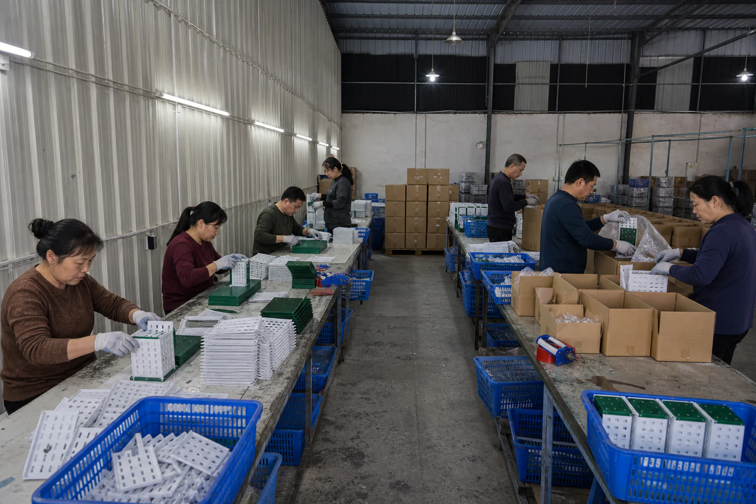 Workers assembling and packing products in the GLORWIN workshop