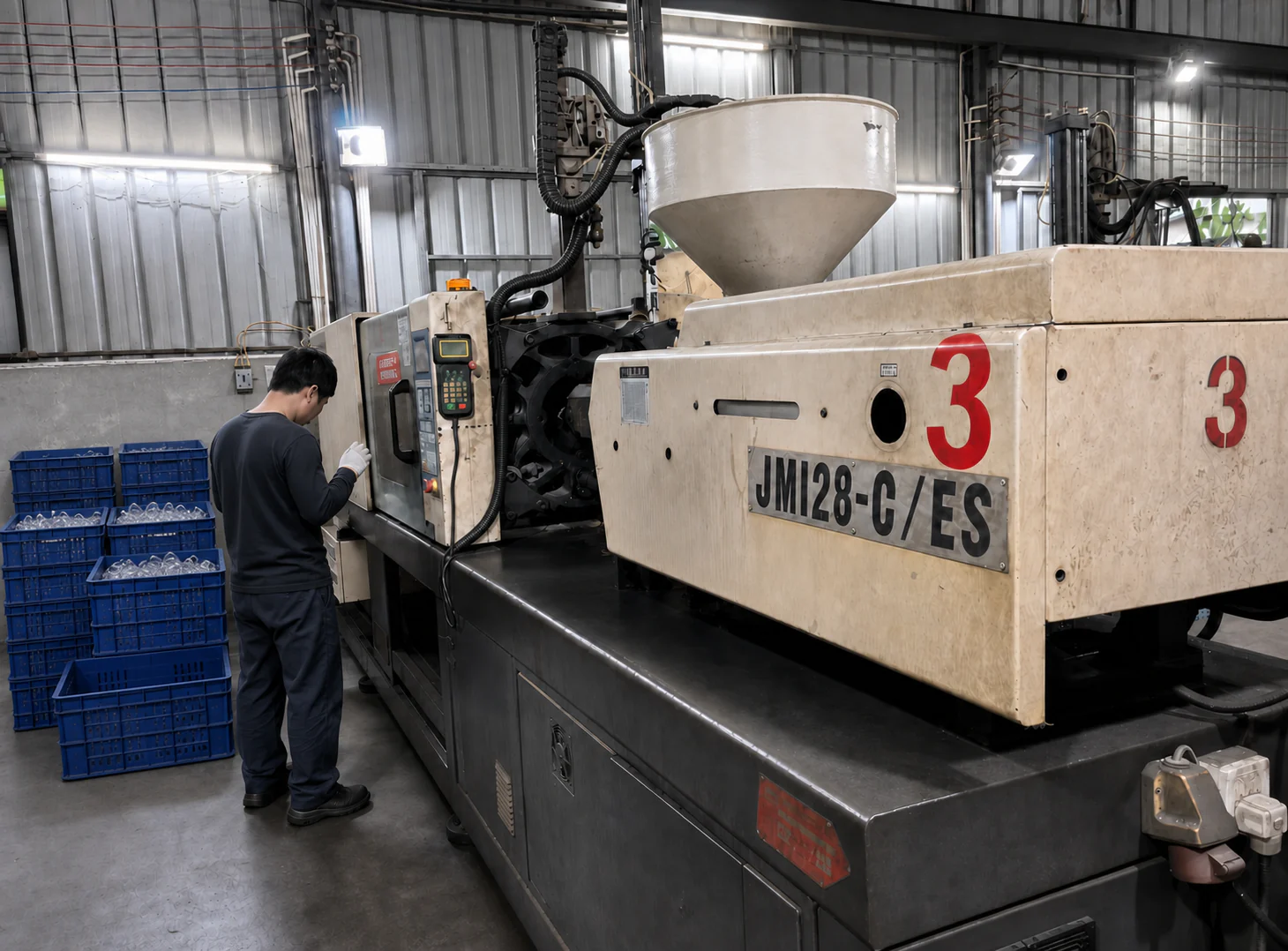 A GLORWIN production worker operating an injection molding machine